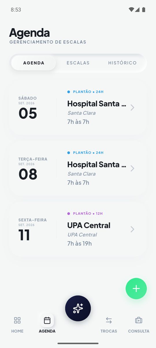 A agenda do NurseFlow: plantão de 24h no Hospital Santa Clara no sábado 05, outro na terça 08, e um de 12h na UPA Central na sexta 11.