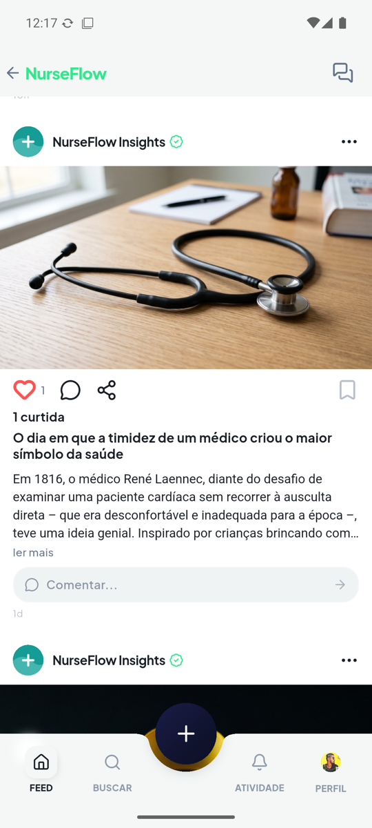 O feed do NurseFlow: uma publicação do NurseFlow Insights com foto, título e texto, com curtida e campo de comentário.